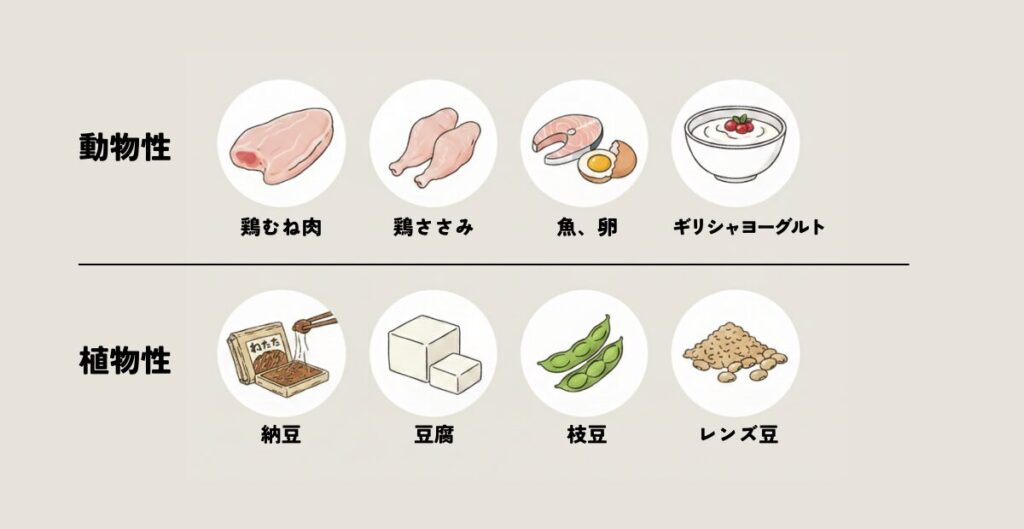 動物性たんぱく質と植物性たんぱく質を含む食材イメージ