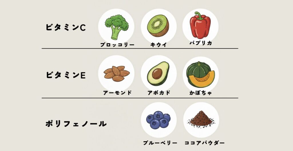 ビタミンC、ビタミンE、ポリフェノールを含む食材イメージ
